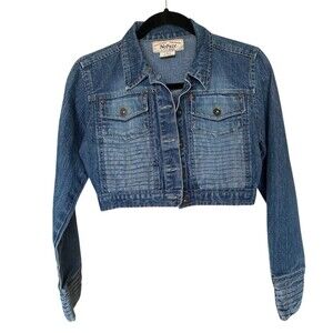 NoFuze Denim Jacket Womens Size S Blue Cropped Moto Biker Trucker Stretch